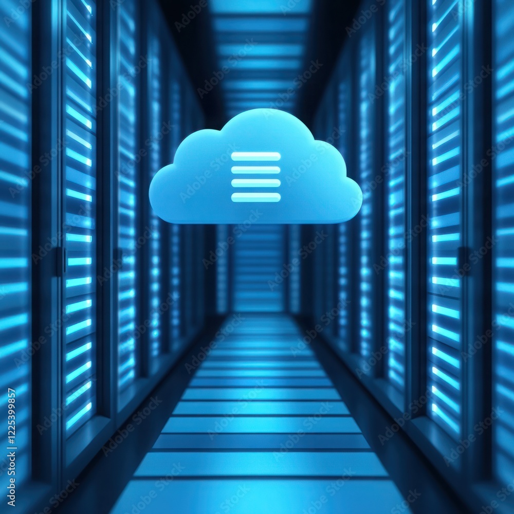 Poster cloud computing icon in futuristic server room with blue lighting and data technology, symbolizing m