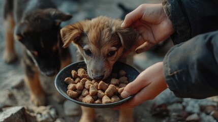 Compassionate hands of a volunteer feeding hungry stray puppies in a shelter environment with brown kibble in a bowl surrounded by soft earth tones.
