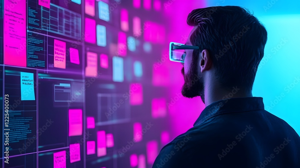 Aufkleber futuristic product manager leading digital brainstorming session with holographic interfaces