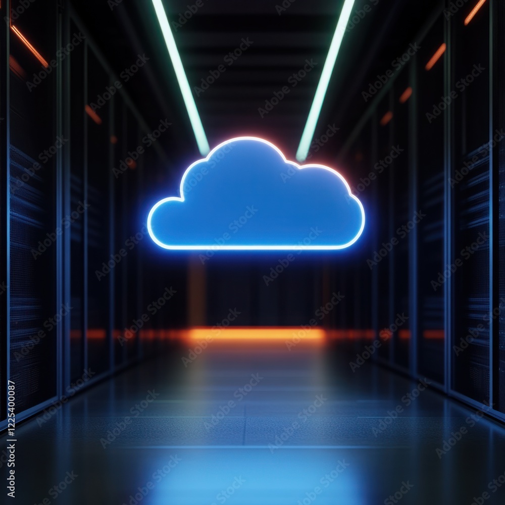 Poster neon cloud icon glowing in a futuristic data hallway surrounded by server racks and illuminated path