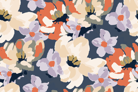 Seamless pattern with abstract flowers drawn with paint strokes.