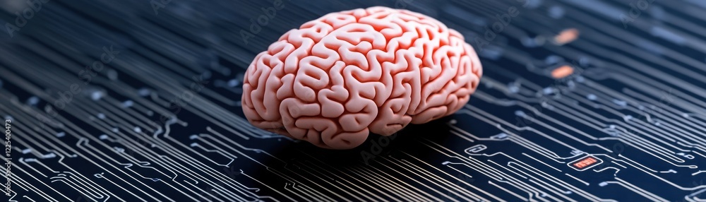 Aufkleber human brain model on a circuit board background representing the intersection of neuroscience and te
