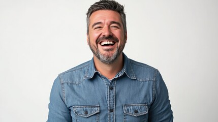 Obraz premium Mature adult man with salt and pepper beard joyfully laughing at the camera on a light white background wearing a denim shirt