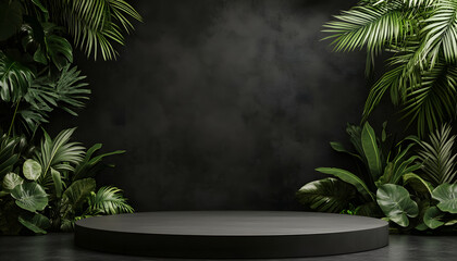 Dark Background Tropical Plants Surround Black Platform