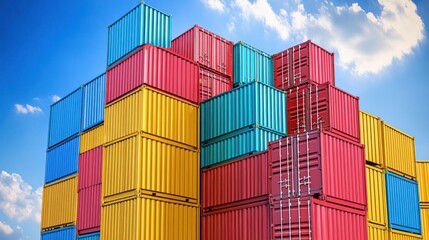 Colorful Shipping Containers Stacked High Against Blue Sky