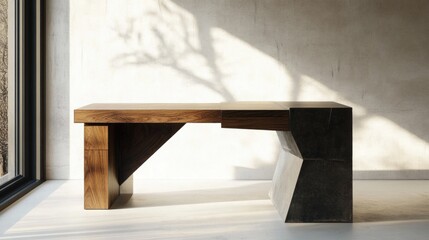 Minimalist writing desk featuring Brutalist design elements in warm wood and dark stone under natural light by large window with soft shadows.