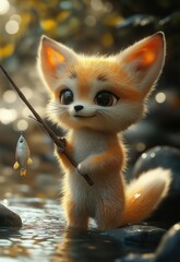 Obraz premium Cartoon fox catching fish.