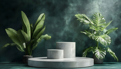Green Background Display Featuring Two Plants and Cylindrical Platforms