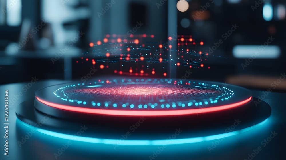 Aufkleber futuristic 3d hologram of spinning product with floating success metrics on digital table
