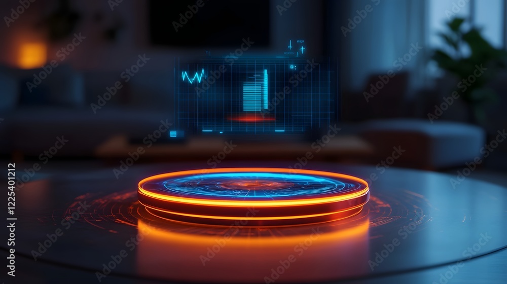 Aufkleber futuristic 3d holographic product display with floating success metrics on digital table