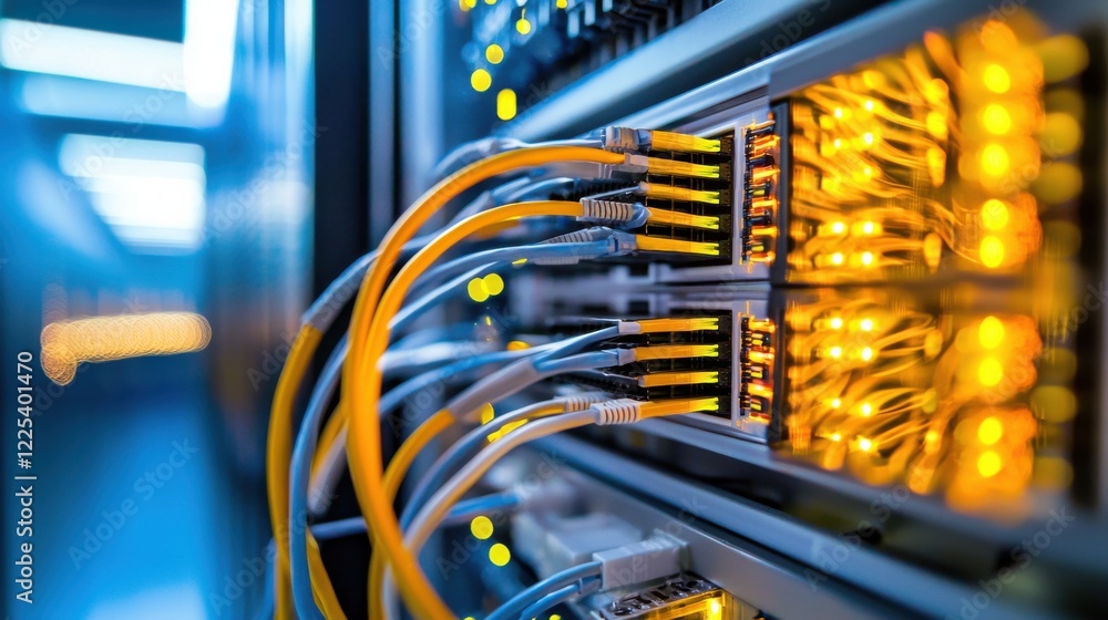 Poster high tech data center with servers and network cables illuminated