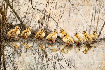 Obraz premium Ducklings by a Pond A group of fluffy ducklings waddling near a still pond reflecting the surrounding trees