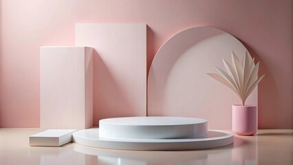 Minimalist product display with pastel pink and white geometric shapes and a decorative plant