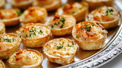 Savory Golden Crab and Cheese Appetizers on Silver Serving Tray with Fresh Green Herbs and Crispy Texture in Elegant Presentation