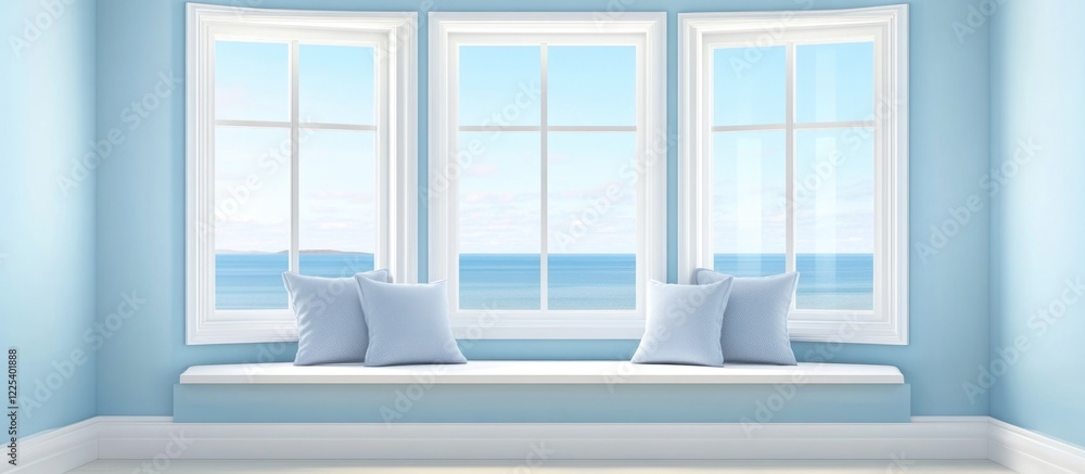 Aufkleber bright and airy window seat in a soft blue room with ocean view, featuring ample space for stretchin