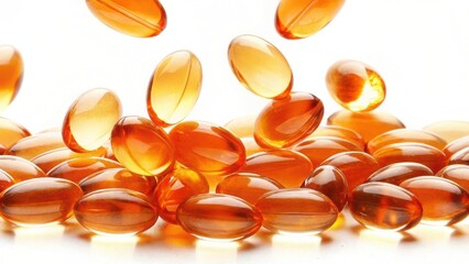 A collection of amber-colored capsules gracefully scattered against a bright background, highlighting their smooth, glossy texture.