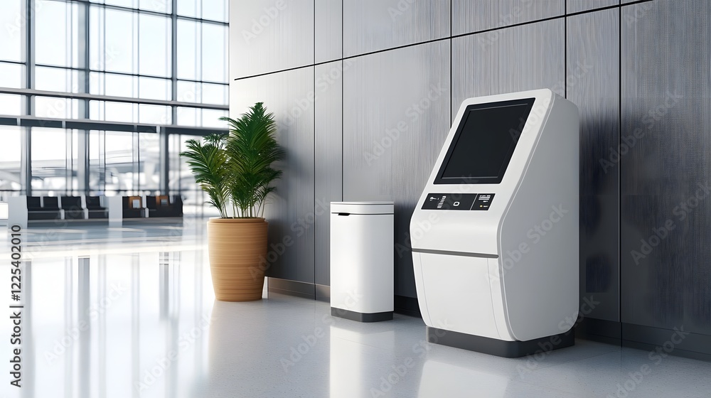 Aufkleber minimalist airport kiosk with touchless check-in process utilizing facial recognition and voice
