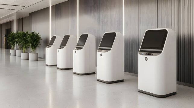 Minimalist Airport Kiosk with Touchless Check-In via Facial Recognition and Voice Activation