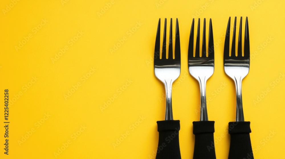 Poster three black handled forks arranged on vibrant yellow background featuring contemporary minimalistic 