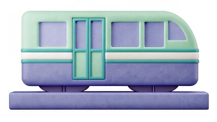 A stylized, colorful illustration of a train car with a rounded design, featuring windows and a door, resting on a flat surface.