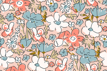 Cute feminine watercolor seamless pattern with wildflowers.hand drawn, not AI