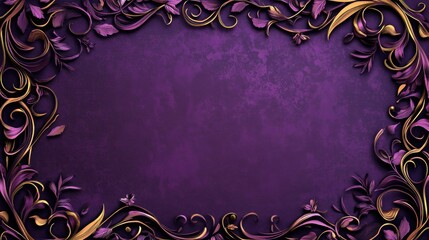 Purple Floral Background with Ornate Gold and Purple Vine Design Empty Copyspace for Elegant Text Display