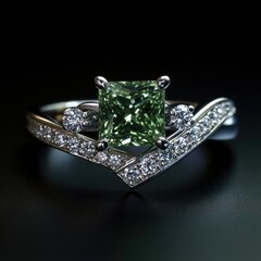 Stunning green gemstone ring with sparkling diamonds showcased against a dark background. Generative AI