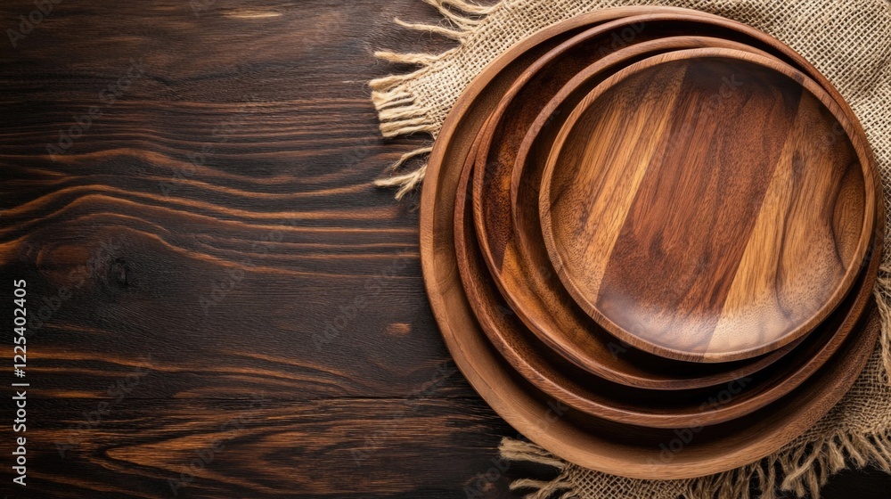 Poster top view of rustic wooden plates arranged on a dark kitchen table with burlap fabric providing empty