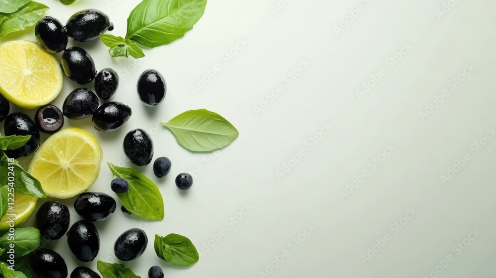 Poster traditional mediterranean salad with fresh black olives lemon slices and green basil on soft pale ba