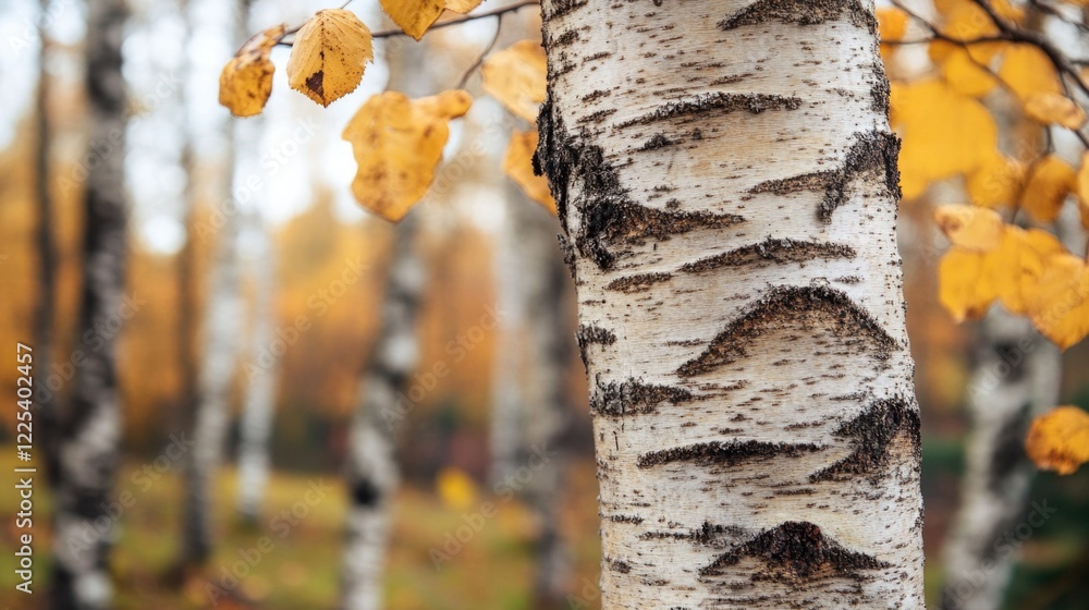 Aufkleber birch tree bark textured background in autumn forest setting with yellow leaves and blurred nature e