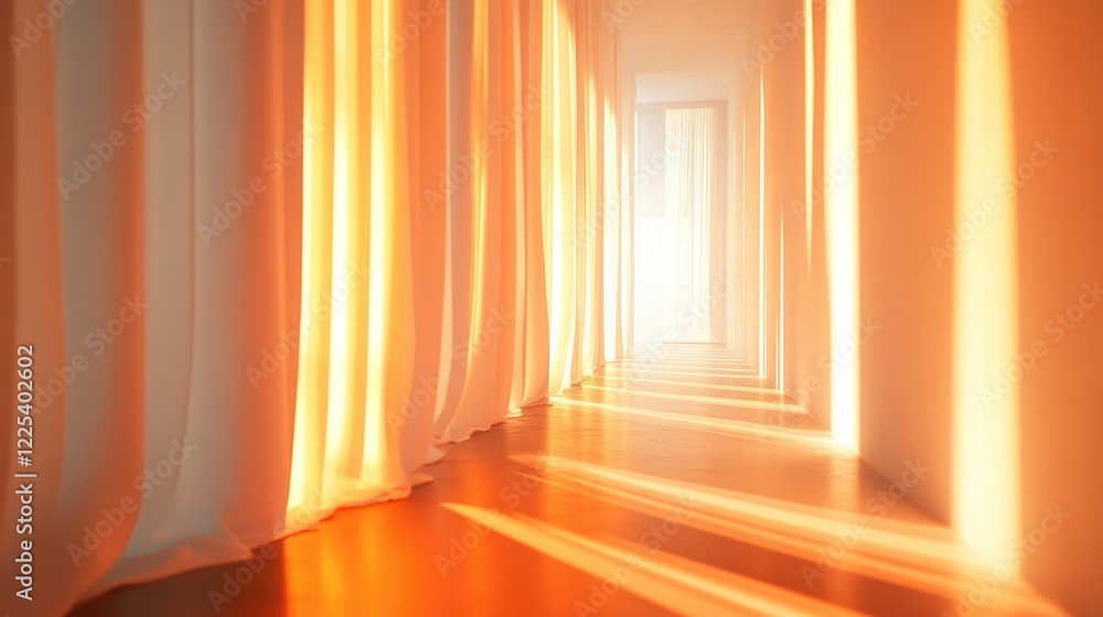 Poster bright orange sunlight filtering through long white curtains in serene dim hallway creating soft sha