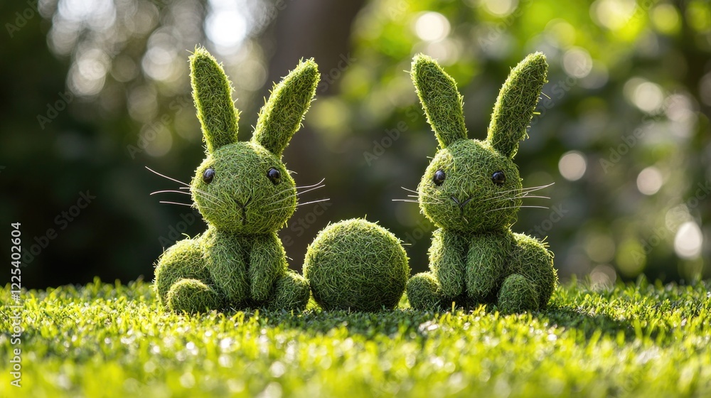 Poster three adorable green grass rabbits playfully arranged on a vibrant grassy field with soft bokeh back