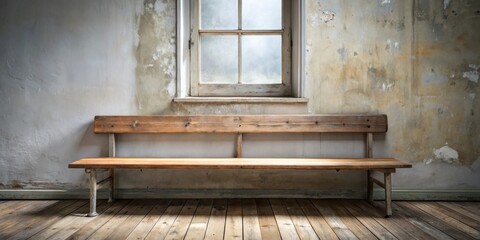 Rustic wooden bench sits below a window in a room with aged walls and wooden floors