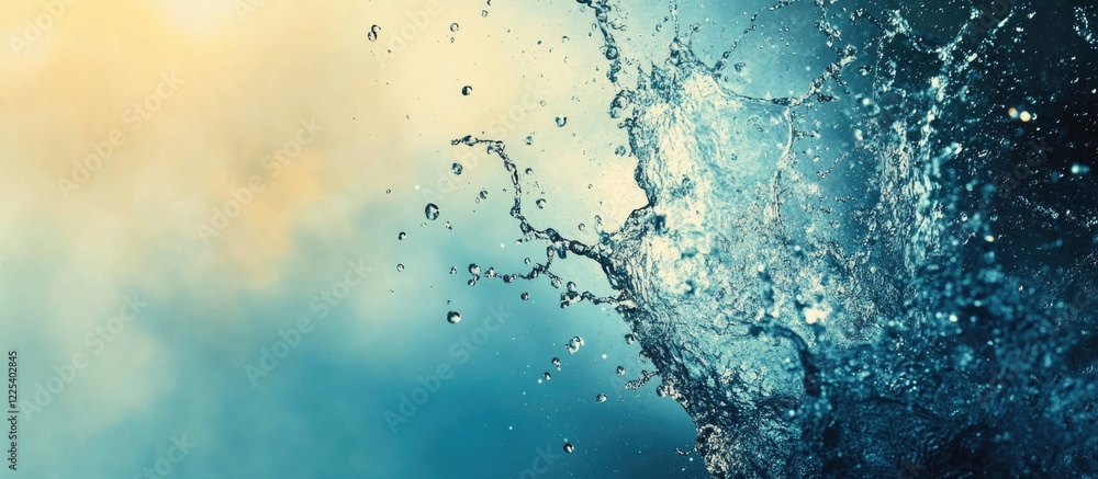 Poster dynamic water splash against a gradient blue and soft golden background creating vibrant textures wi
