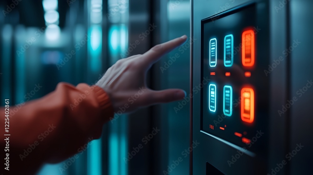 Poster touchless elevator panel with holographic buttons responding to hand gestures in modern building