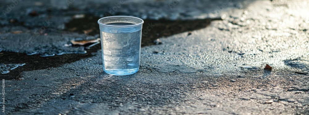 Poster clear water container and glass placed on sunlit pavement with shadows, creating empty space for tex