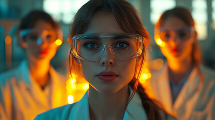 A team of three scientists, one man and two women, wearing safety goggles and lab coats, standing together in a brightly lit laboratory.