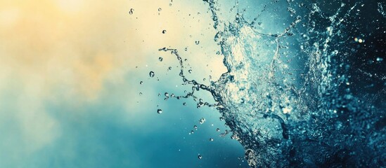 Dynamic water splash against a gradient blue and soft golden background creating vibrant textures with empty space for text placement