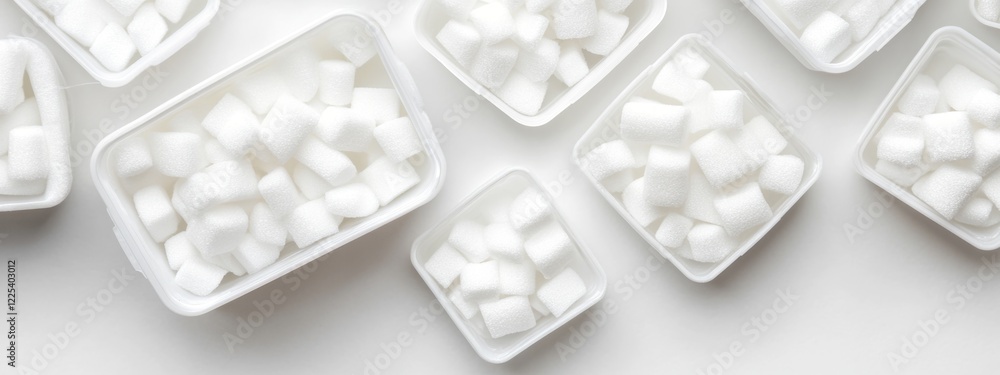 Poster white foam plastic containers filled with small white cubes on a light background with ample empty c