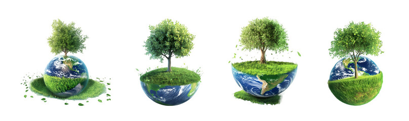 Tree growing on planet earth with grass isolated on a transparent background
