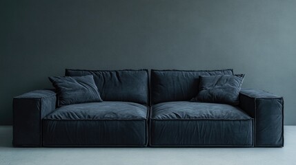 Cozy living room interior featuring a dark textured sofa against a muted gray wall, ideal for modern and minimalist design concepts.
