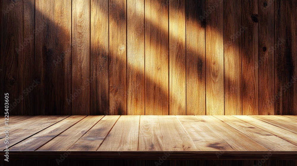 Poster sunlit wooden table surface against warm textured wall in modern boardroom setting with empty space 