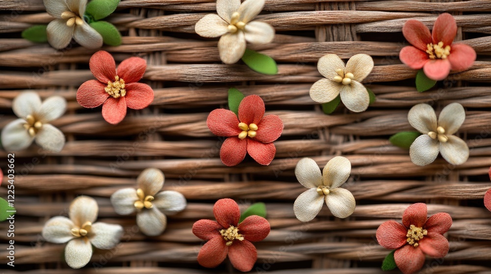 Poster woven wicker texture with artificial mini flowers in soft pink, white, and orange hues creating a ru