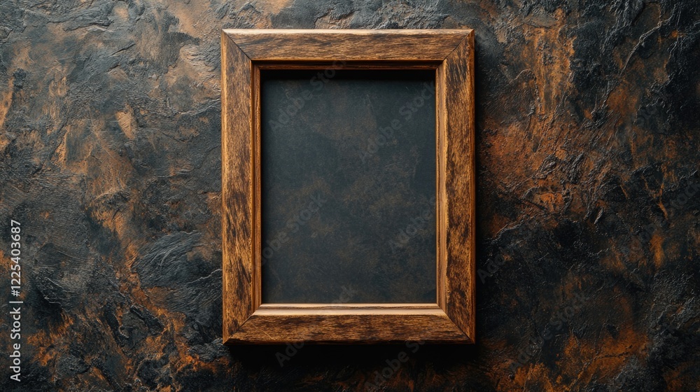 Poster rustic wooden picture frame centered on textured dark brown background with empty black space for de