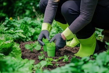 Fototapeta premium A gardener carefully plants vegetable seedlings in rich soil, preparing for the gardening season with vibrant green pots and fresh plants around her.