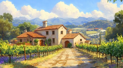 Serene Countryside Villa Surrounded by Lush Vineyards and Mountains