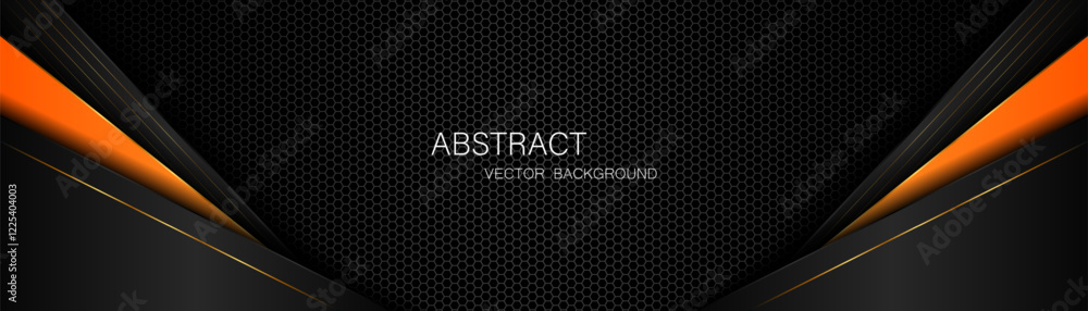 Aufkleber abstract black and orange polygon with golden lines on dark steel mesh background with free space fo