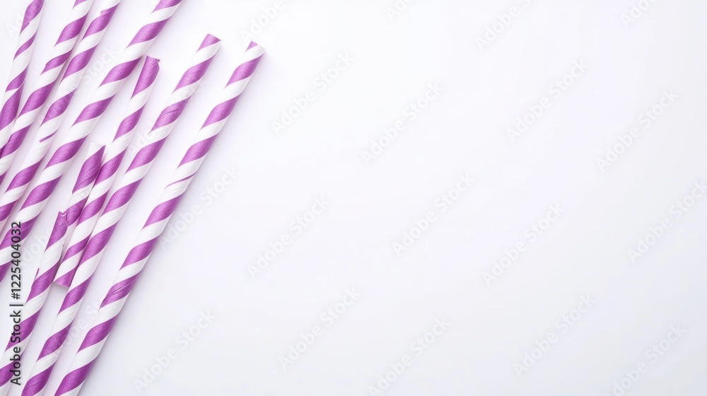 Poster colorful array of purple striped paper straws arranged diagonally on a clean white backdrop with amp