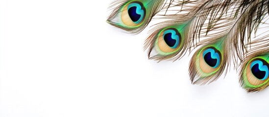 Obraz premium Vibrant multicolored peacock feathers with striking blue and green eye patterns against a clean white background offering ample copy space for text