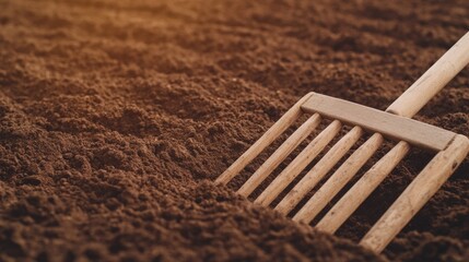 close-up of rustic wooden rake resting on freshly tilled soil emphasizing traditional farming tools and techniques